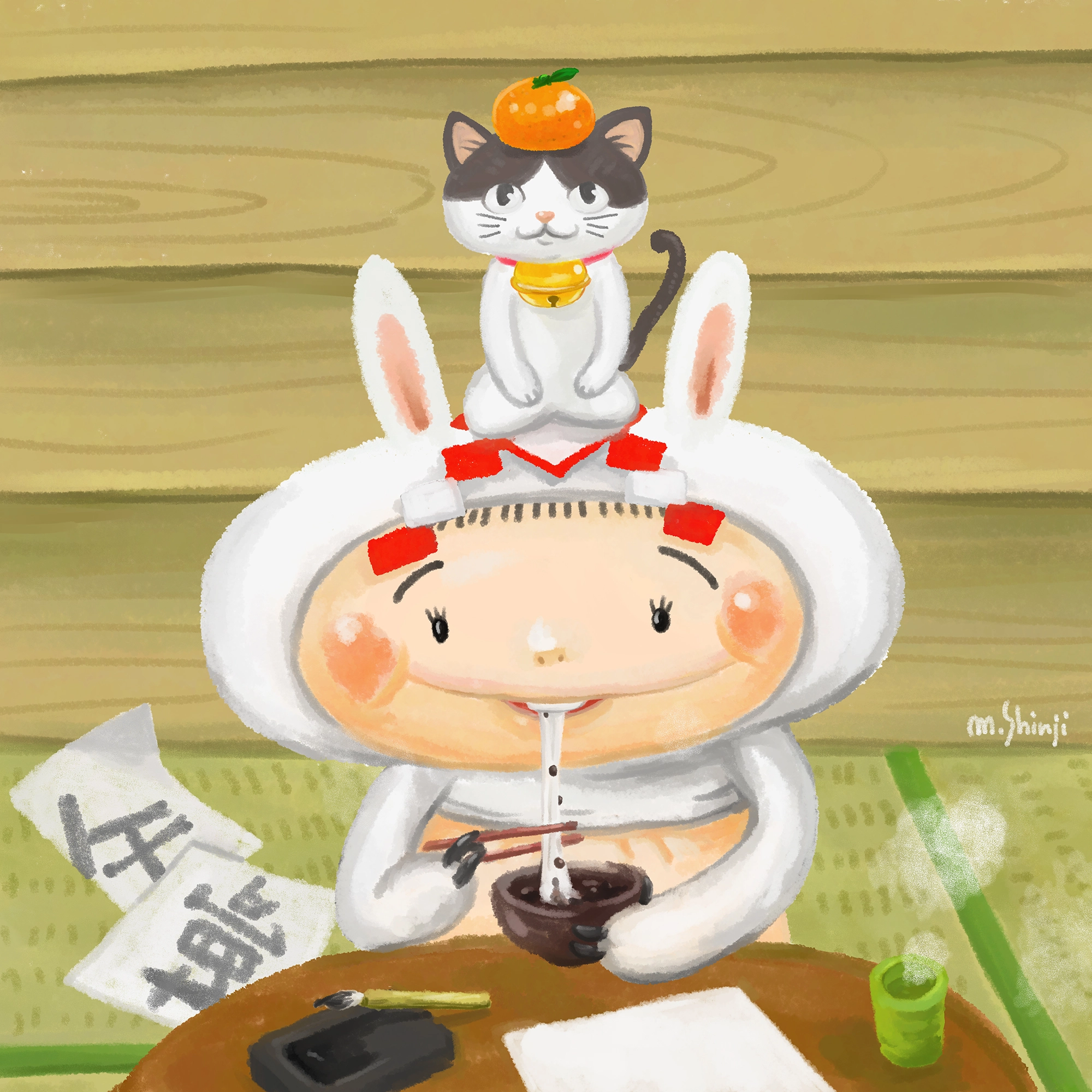 2026年1月-うさぼさん壁紙カレンダー用イラスト（2025-12）